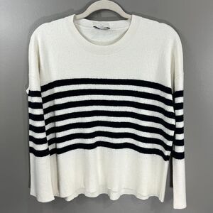 AYR Womens Striped Pullover Long slv Crew Neck Sweater White Black Wool Blend XL